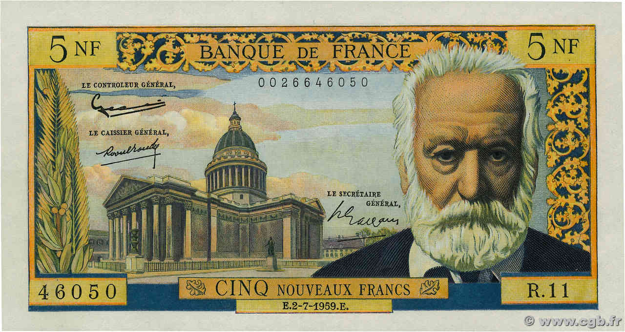 5 Nouveaux Francs VICTOR HUGO FRANCE  1959 F.56.02 SPL