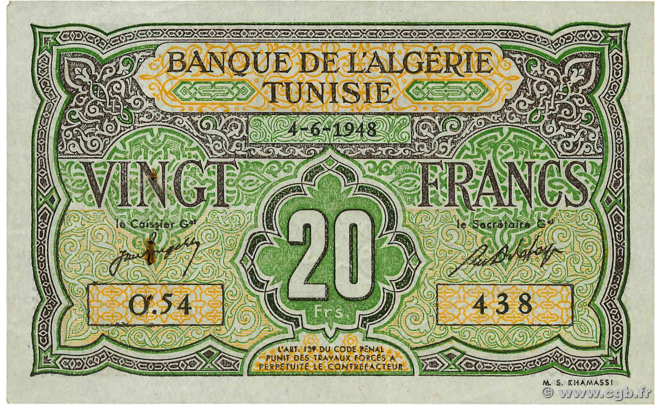 20 Francs TUNISIE  1948 P.22 TTB+