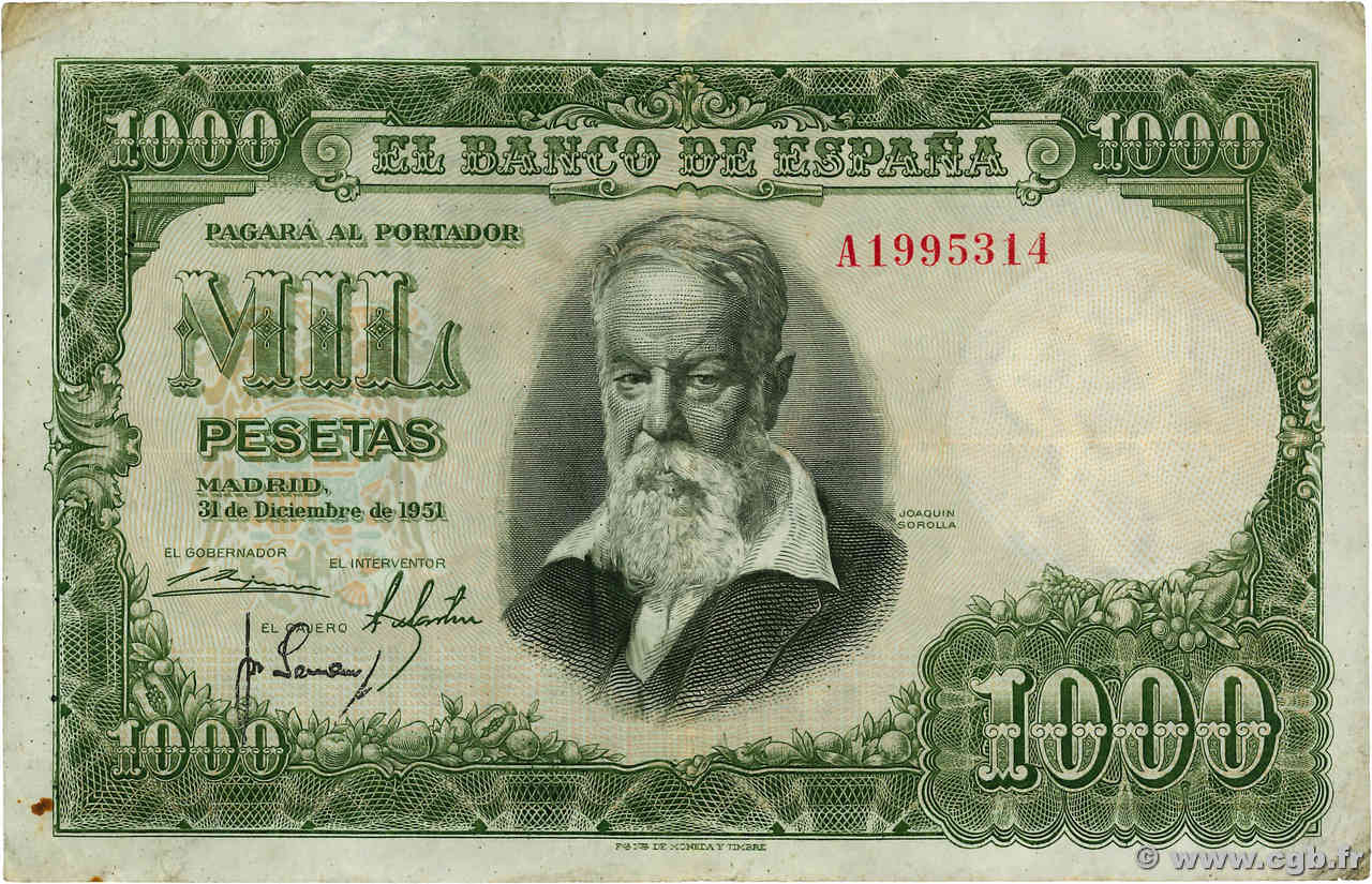 1000 Pesetas ESPAÑA  1951 P.143a BC+