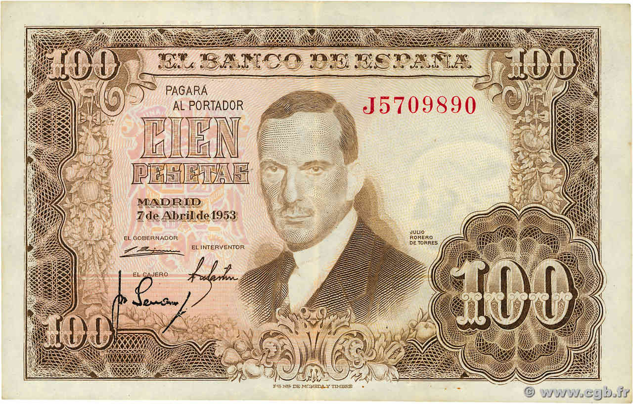 100 Pesetas ESPAÑA  1953 P.145 EBC
