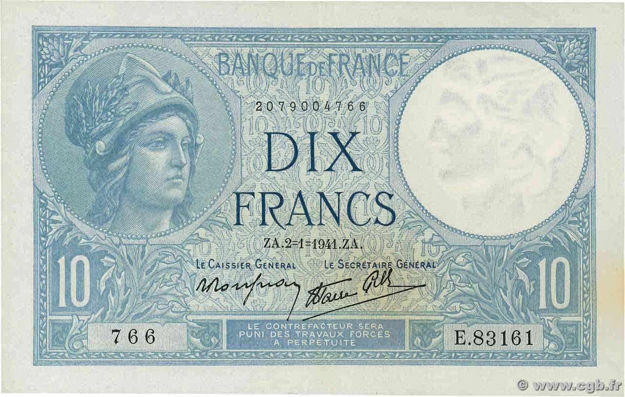 10 Francs MINERVE modifié FRANCE  1941 F.07.26 SUP