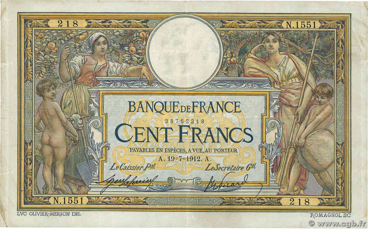 100 Francs LUC OLIVIER MERSON sans LOM FRANCE  1912 F.23.04 TB
