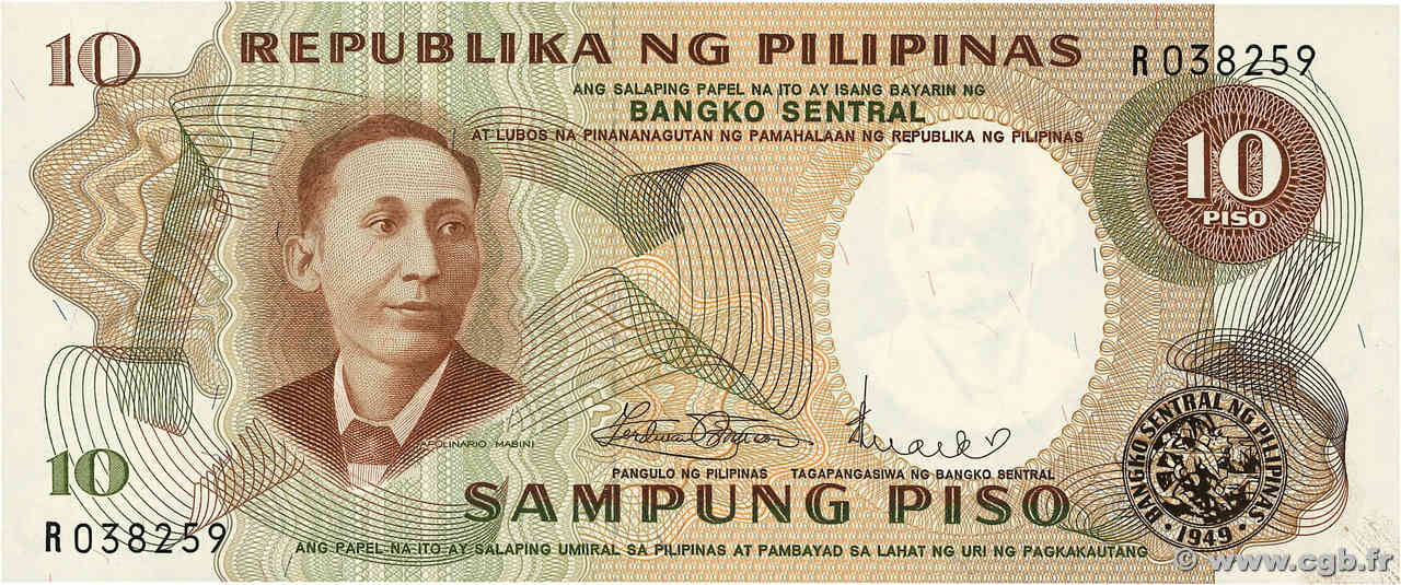 10 Piso Petit numéro PHILIPPINES  1969 P.144b UNC