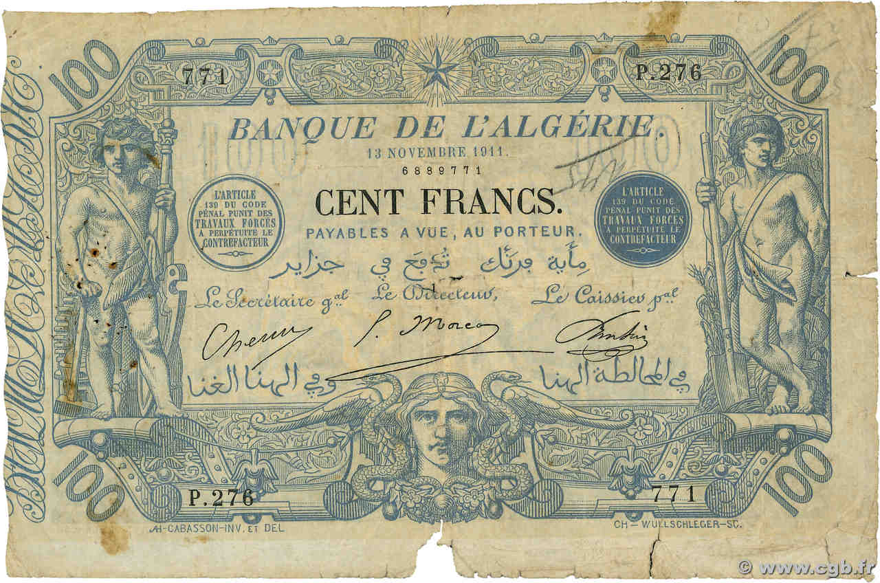 100 Francs ALGERIEN  1911 P.074 fSGE