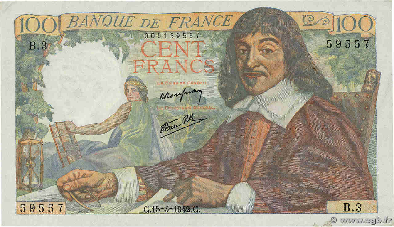 100 Francs DESCARTES FRANKREICH  1942 F.27.01 VZ