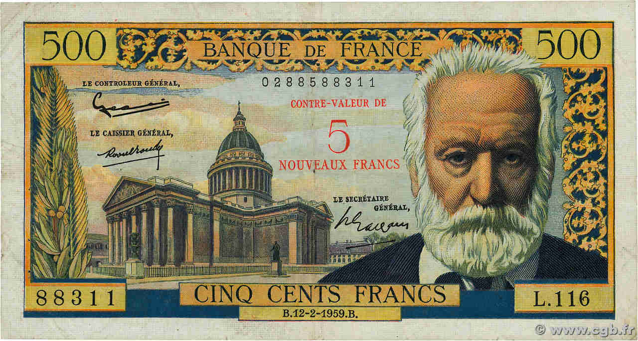 5 NF sur 500 Francs Victor HUGO FRANKREICH  1959 F.52.02 S