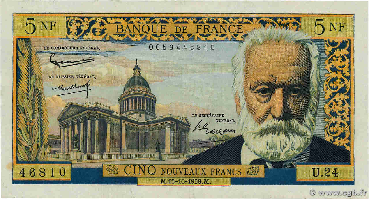 5 Nouveaux Francs VICTOR HUGO FRANCIA  1959 F.56.03 SPL