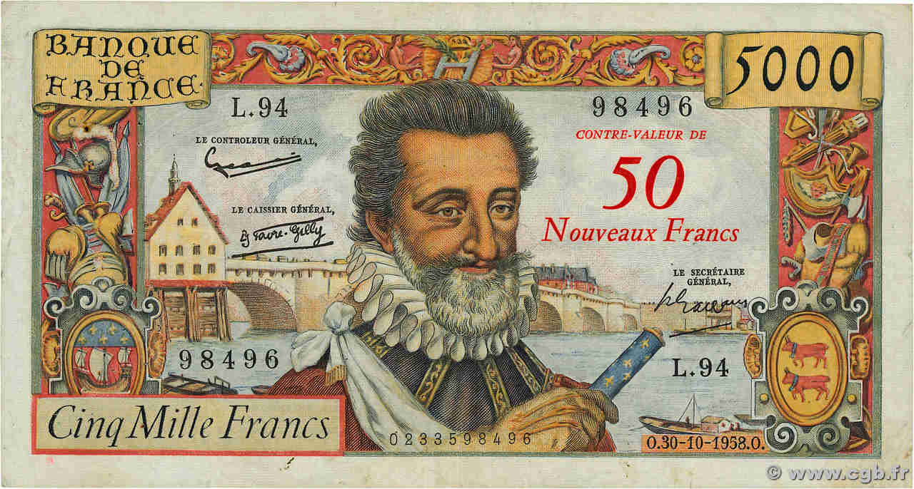 50 NF sur 5000 Francs HENRI IV FRANCE  1958 F.54.01 TB