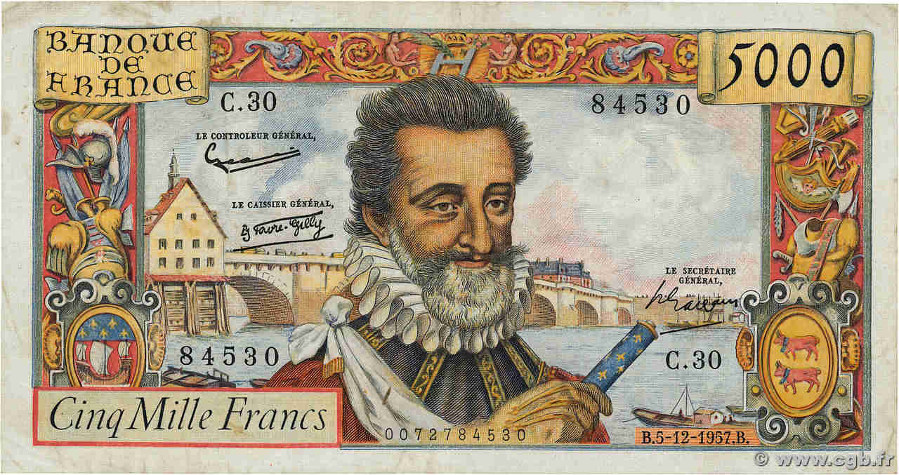 5000 Francs HENRI IV FRANCE  1957 F.49.04 TB