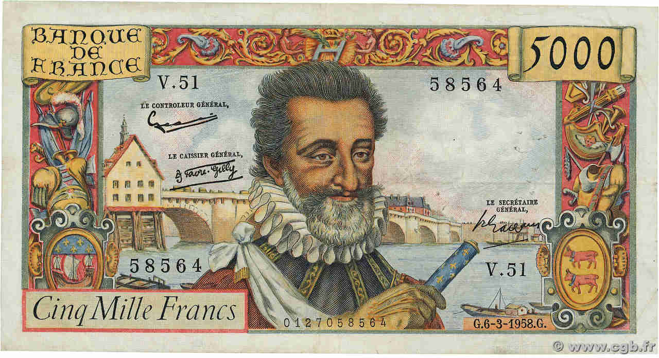 5000 Francs HENRI IV FRANCE  1958 F.49.06 F