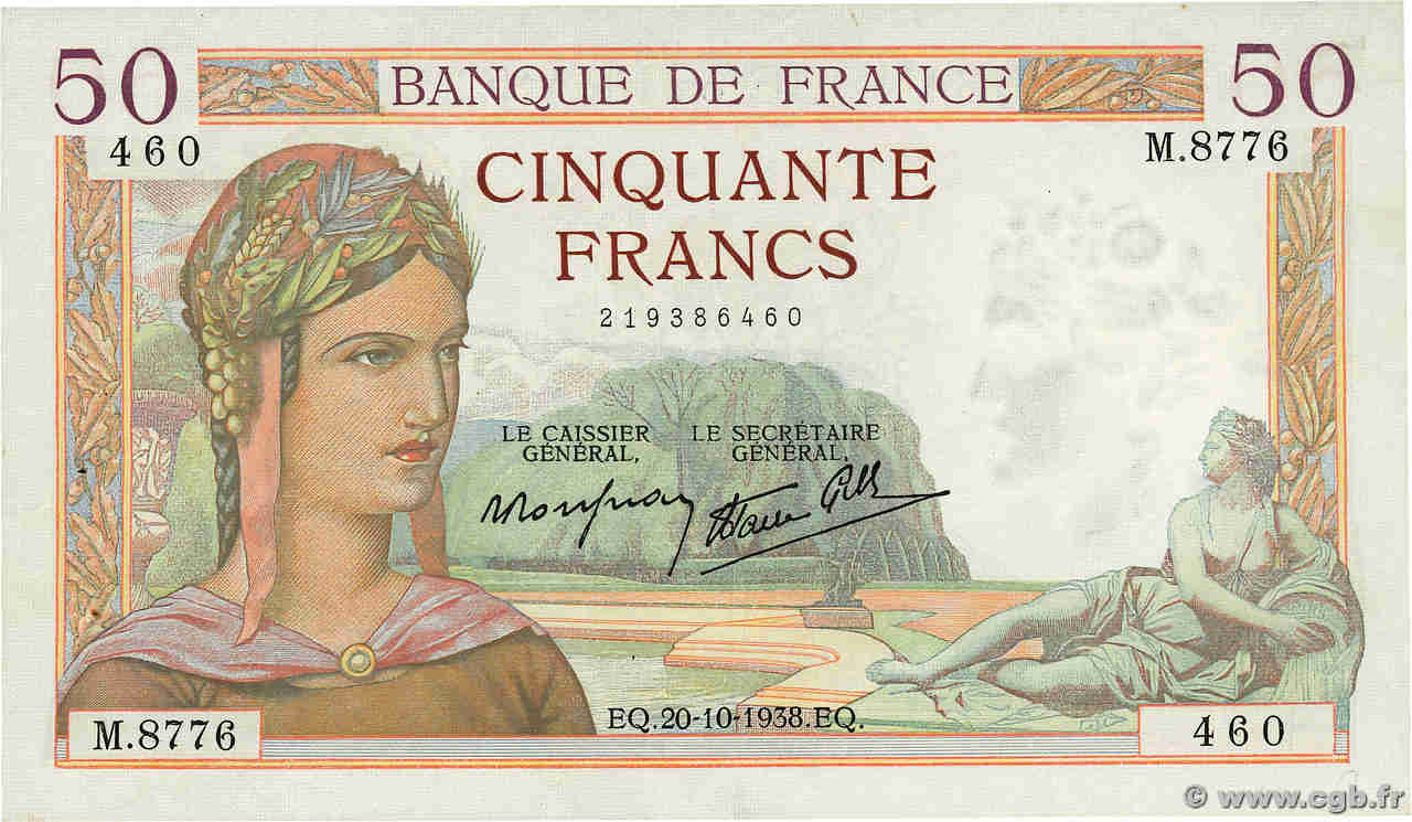 50 Francs CÉRÈS modifié FRANCIA  1938 F.18.16 q.SPL