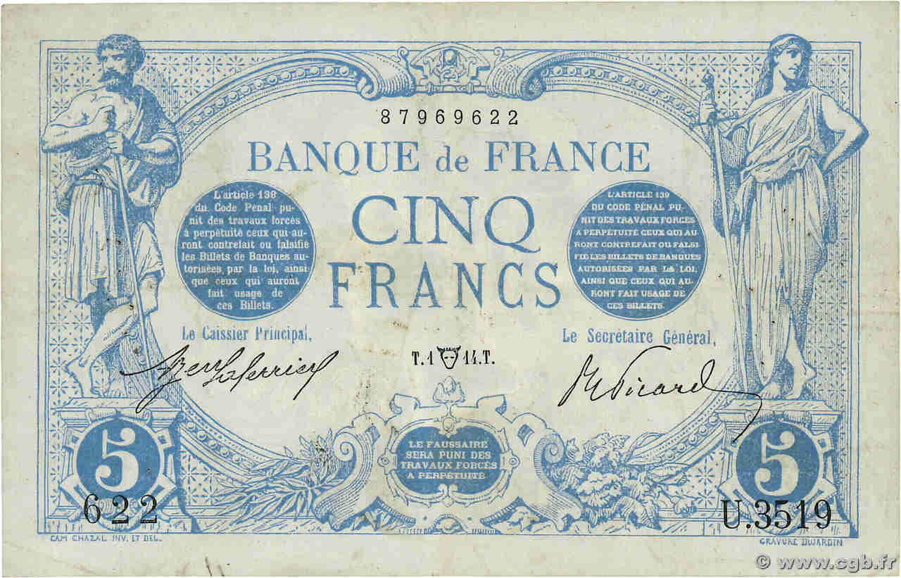 5 Francs BLEU FRANCIA  1914 F.02.22 BB