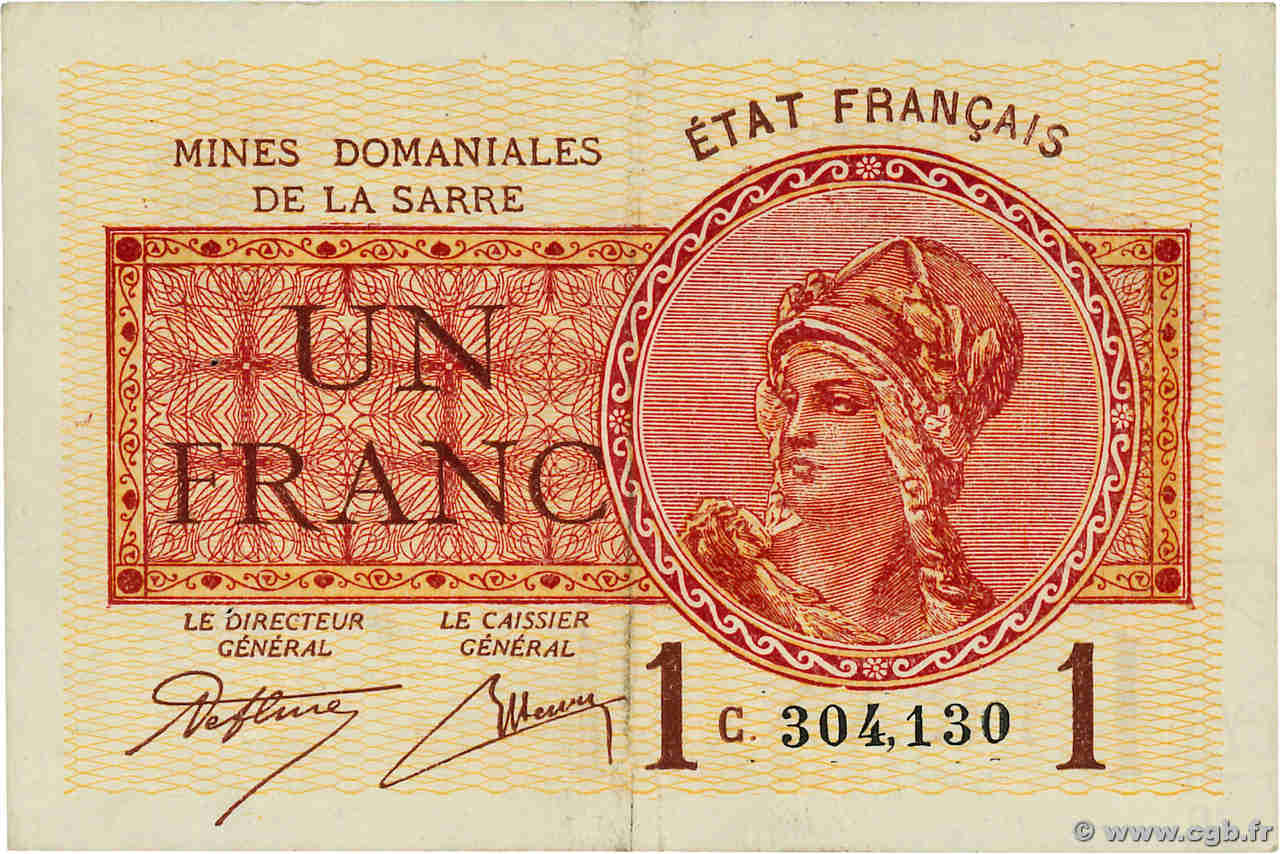 1 Franc MINES DOMANIALES DE LA SARRE FRANCE  1920 VF.51.03 TTB+