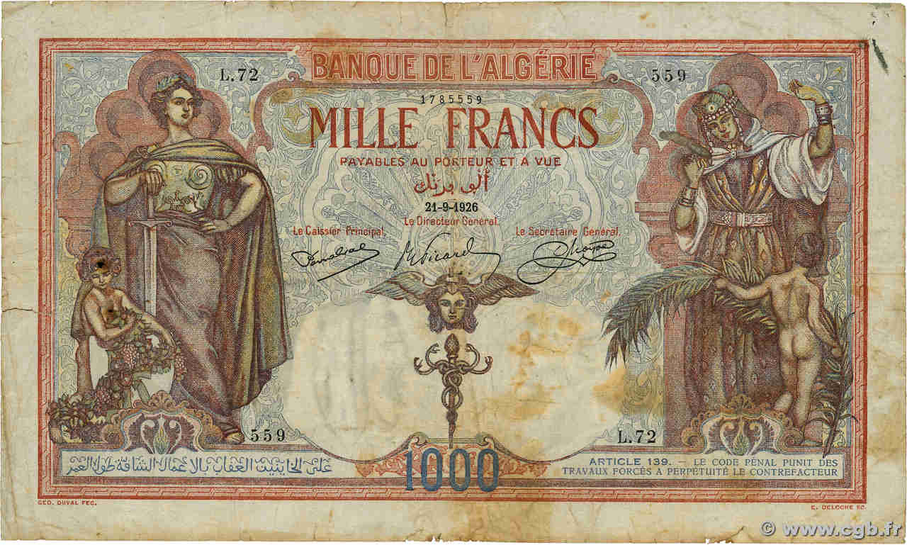 1000 Francs ALGERIA  1926 P.083a q.MB