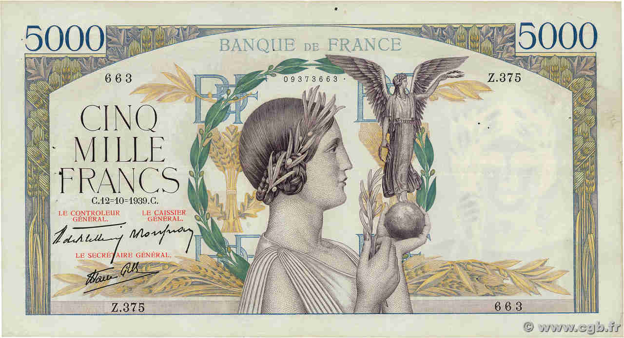 5000 Francs VICTOIRE Impression à plat FRANCE  1939 F.46.14 TTB