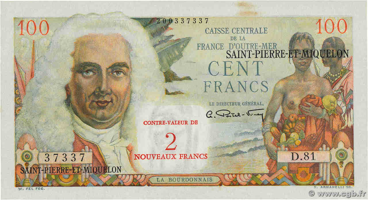 2 NF sur 100 Francs La Bourdonnais SAN PEDRO Y MIGUELóN  1960 P.32 SC+