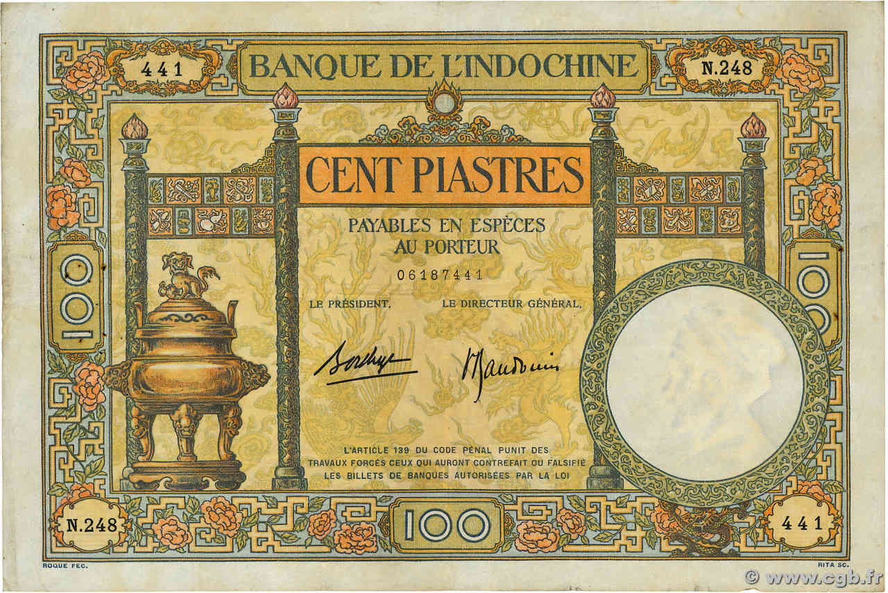 100 Piastres FRENCH INDOCHINA  1936 P.051d VF-