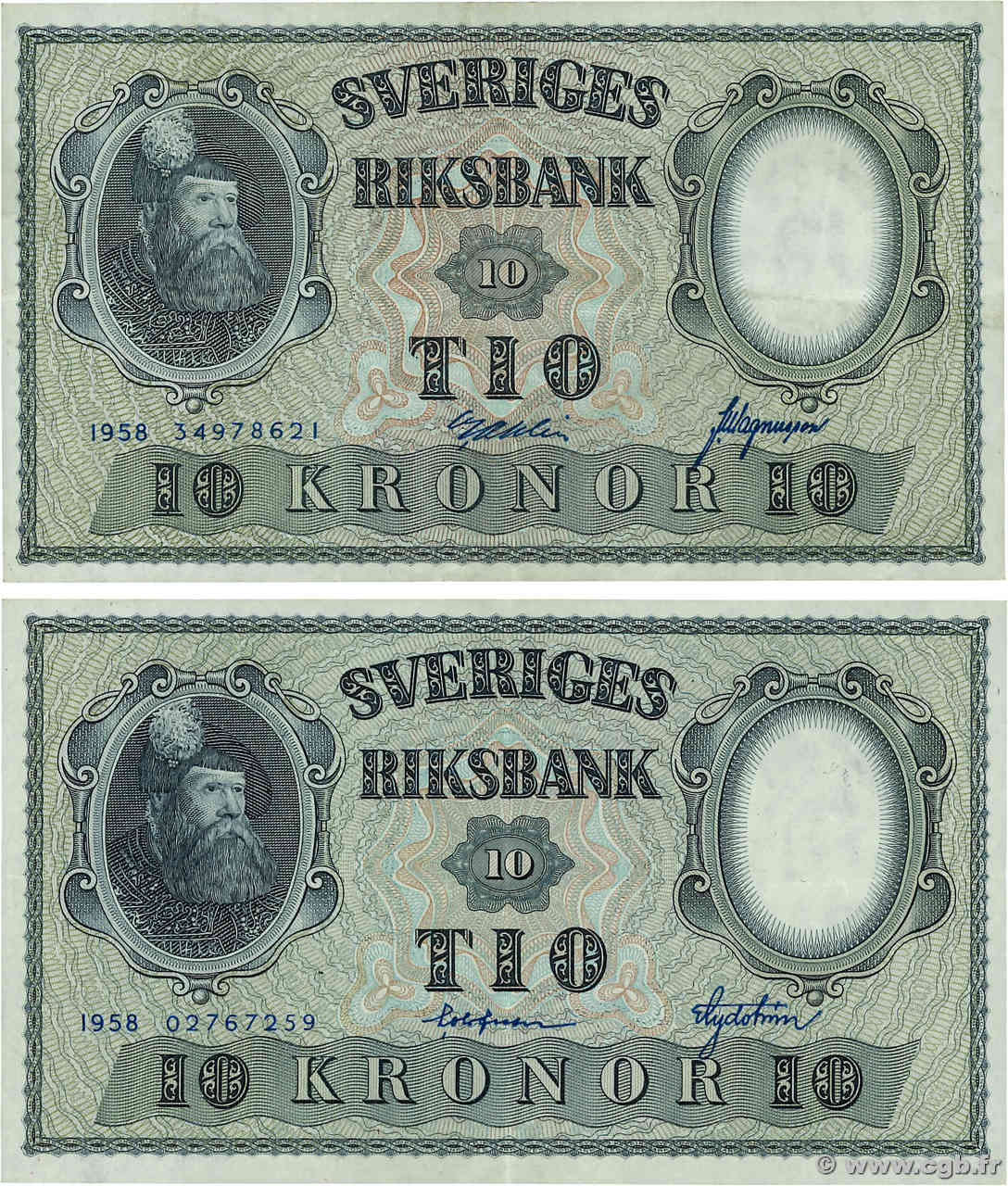 10 Kronor Lot SUÈDE  1958 P.43f TTB+