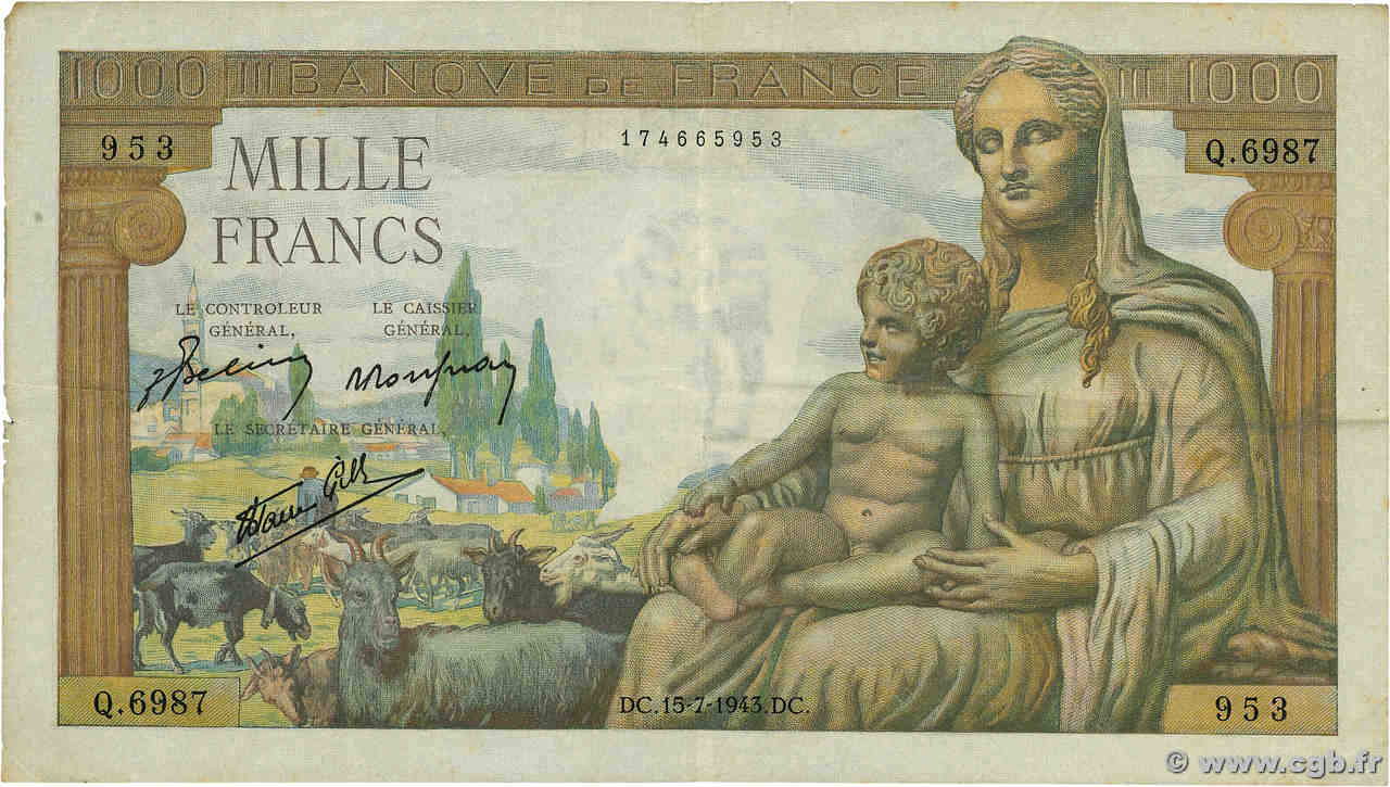 1000 Francs DÉESSE DÉMÉTER FRANCE  1943 F.40.30 F+