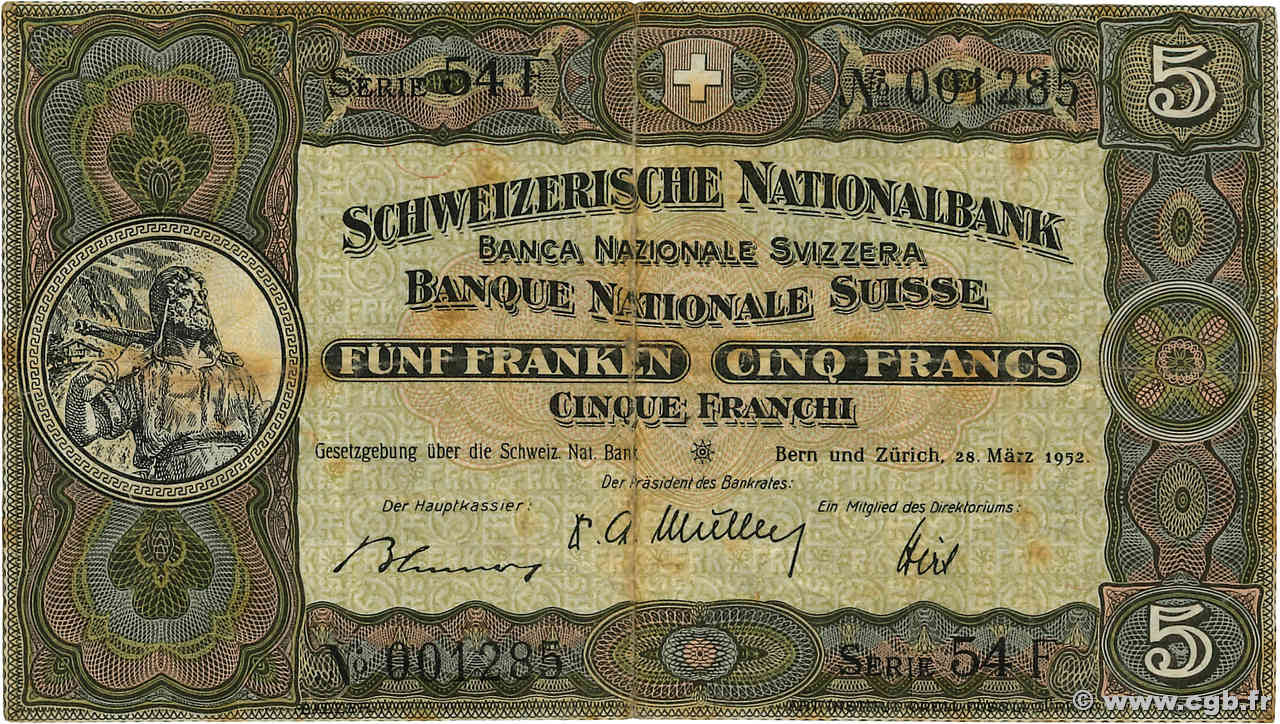 5 Francs SWITZERLAND  1952 P.11p F