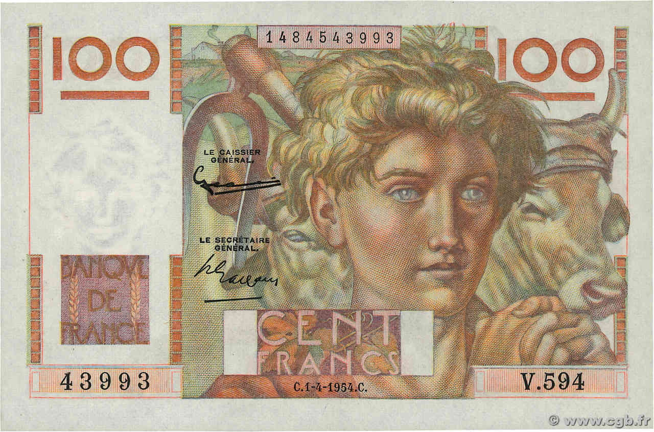 100 Francs JEUNE PAYSAN filigrane inversé FRANCE  1954 F.28bis.06 UNC-