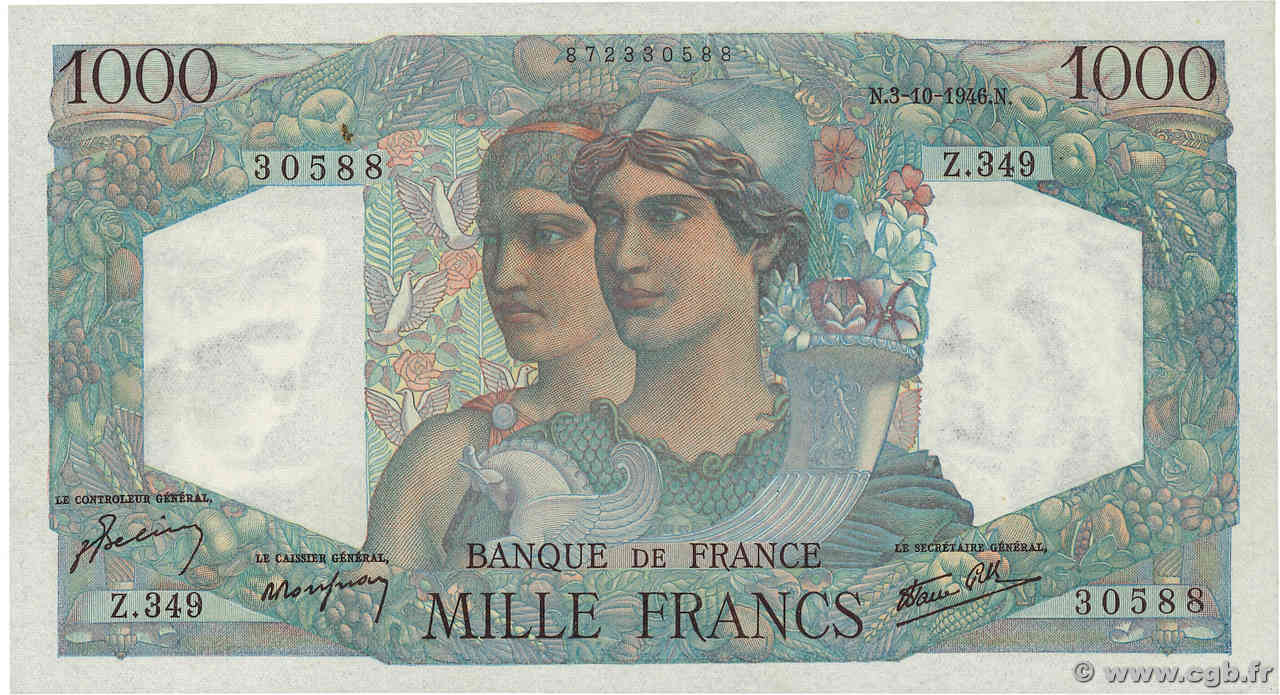 1000 Francs MINERVE ET HERCULE FRANCIA  1946 F.41.17 q.FDC