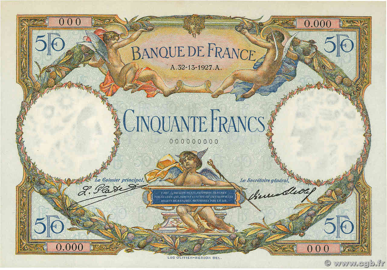 50 Francs LUC OLIVIER MERSON Spécimen FRANCE  1927 F.15.01S UNC-