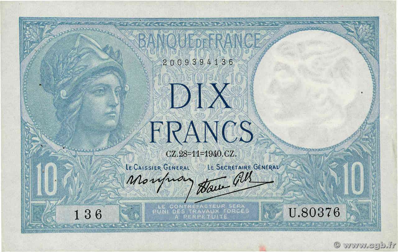 10 Francs MINERVE modifié FRANCE  1940 F.07.22 TTB