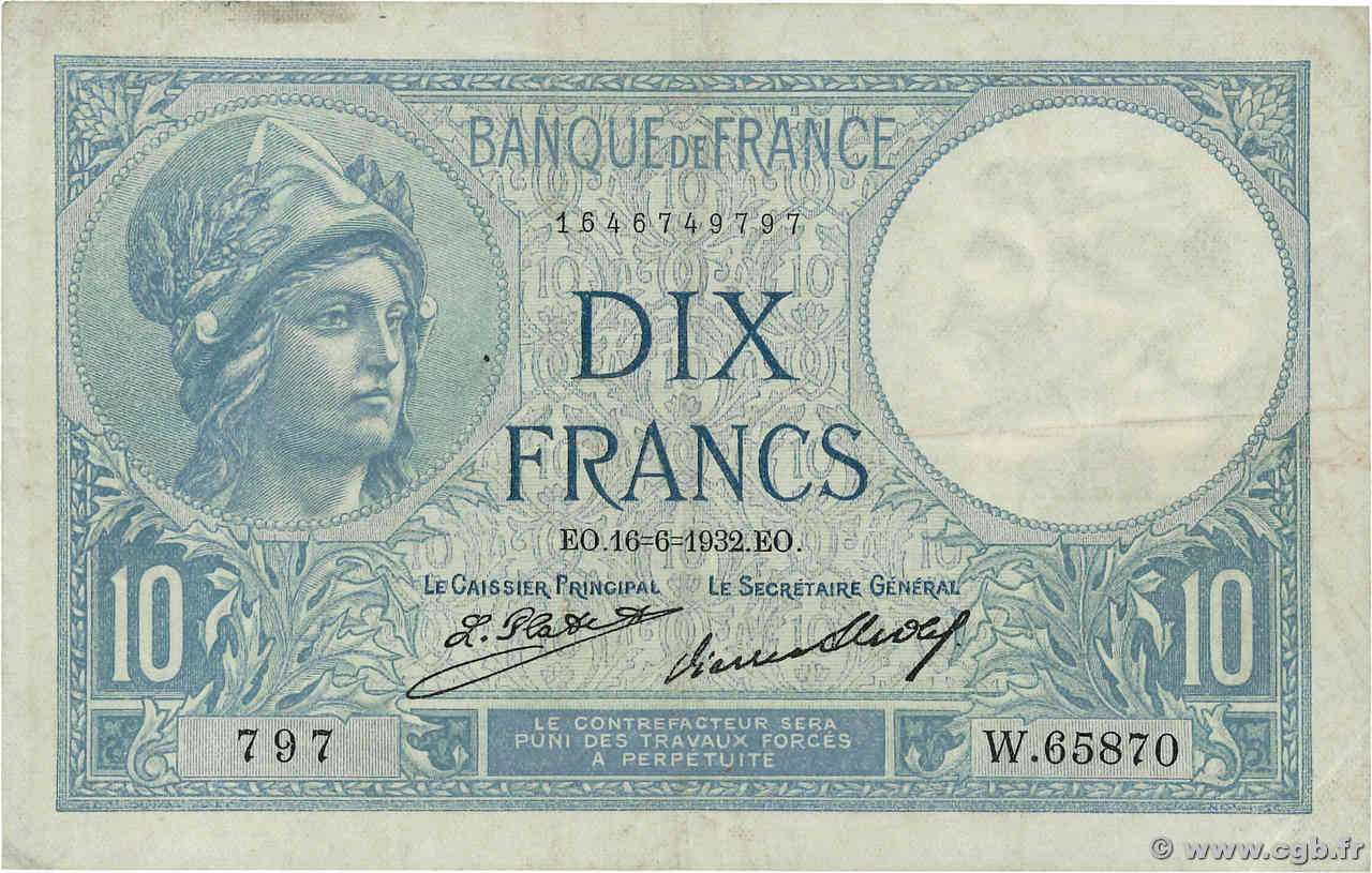 10 Francs MINERVE FRANCE  1932 F.06.16 TTB