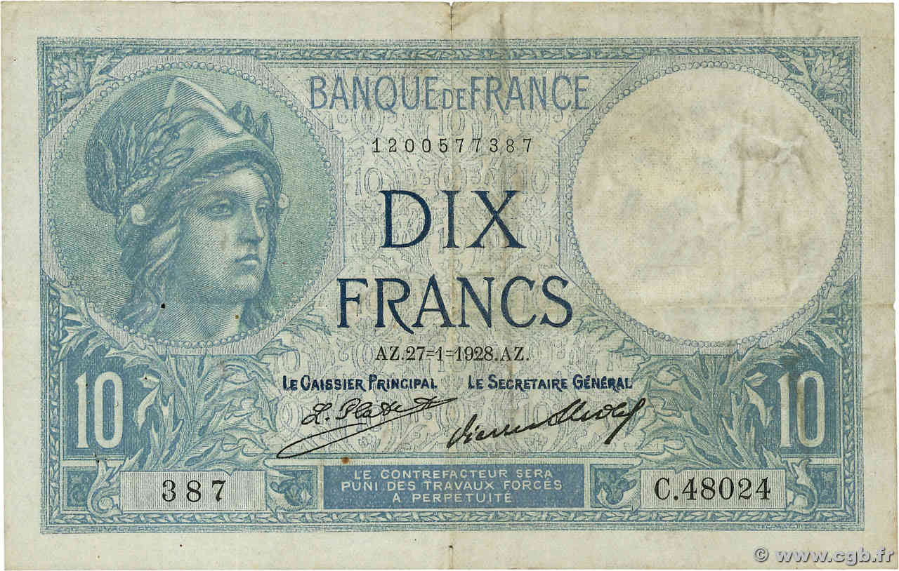 10 Francs MINERVE FRANCE  1928 F.06.13 TB