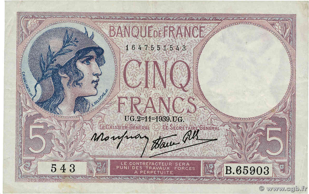 5 Francs FEMME CASQUÉE modifié FRANCE  1939 F.04.14 VF