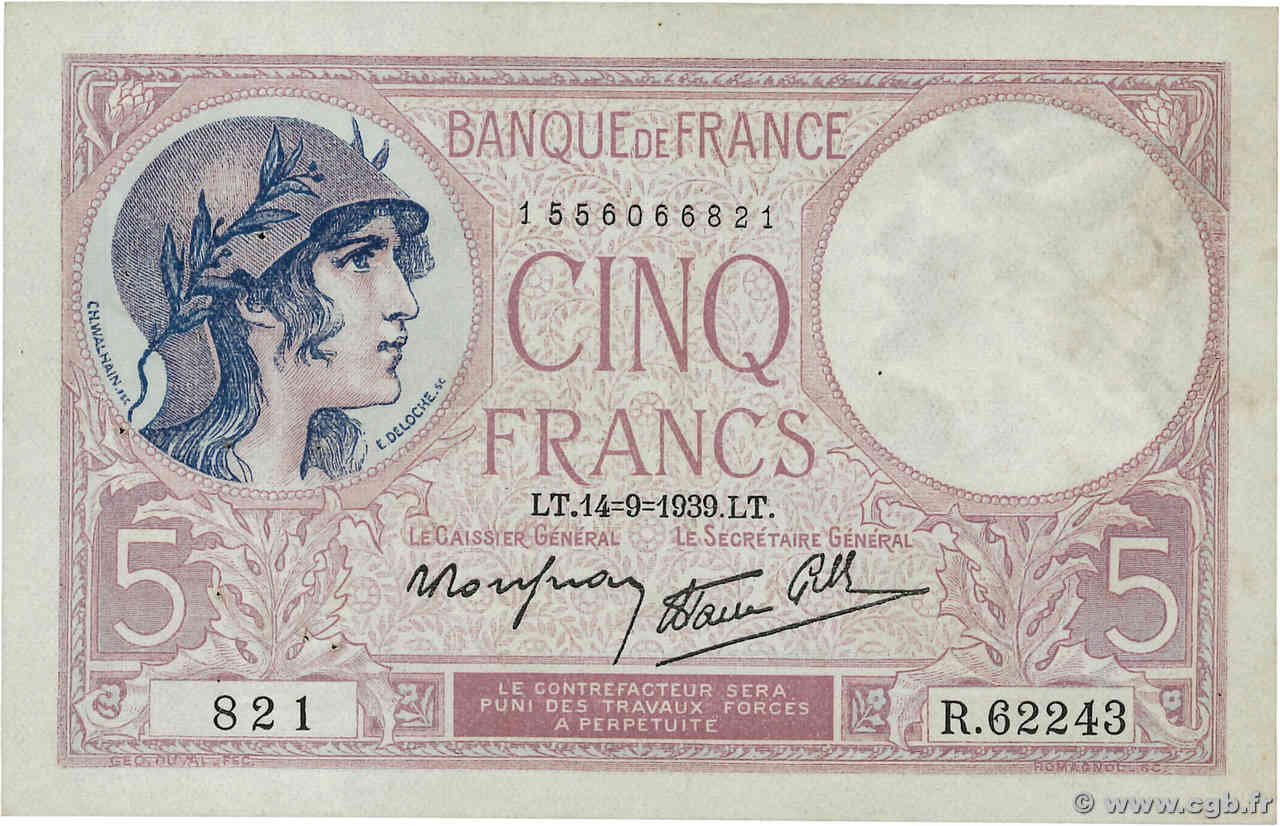 5 Francs FEMME CASQUÉE modifié FRANCE  1939 F.04.08 VF