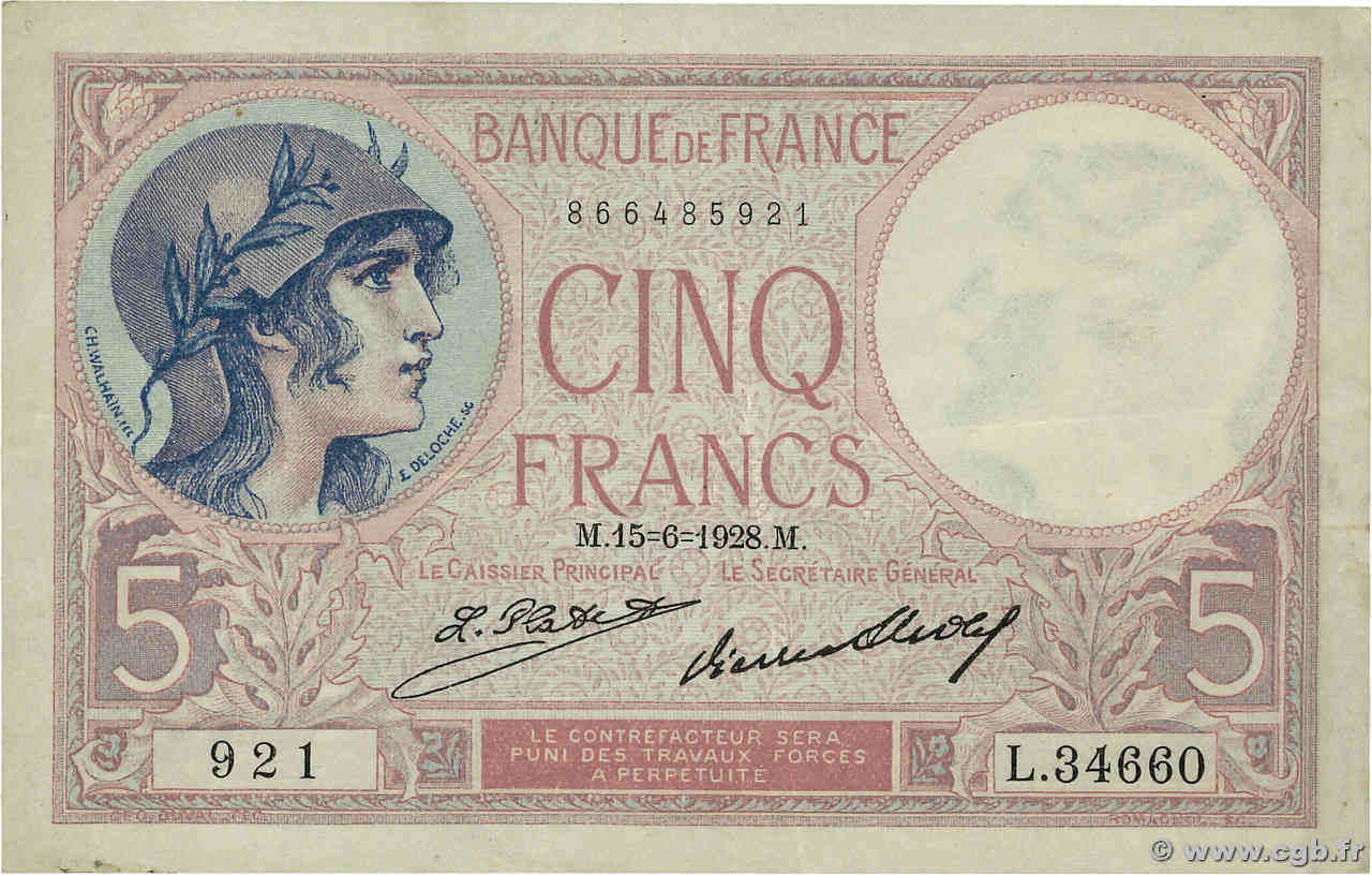 5 Francs FEMME CASQUÉE FRANCIA  1928 F.03.12 BB