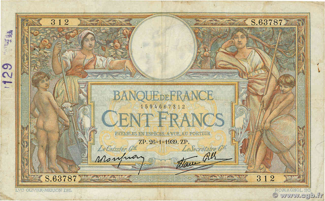 100 Francs LUC OLIVIER MERSON type modifié FRANCE  1939 F.25.40 F