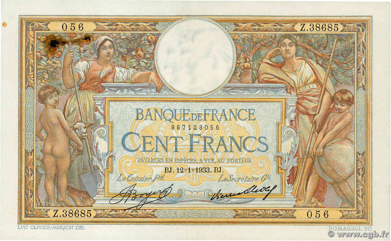 100 Francs LUC OLIVIER MERSON grands cartouches FRANCIA  1933 F.24.12 BB