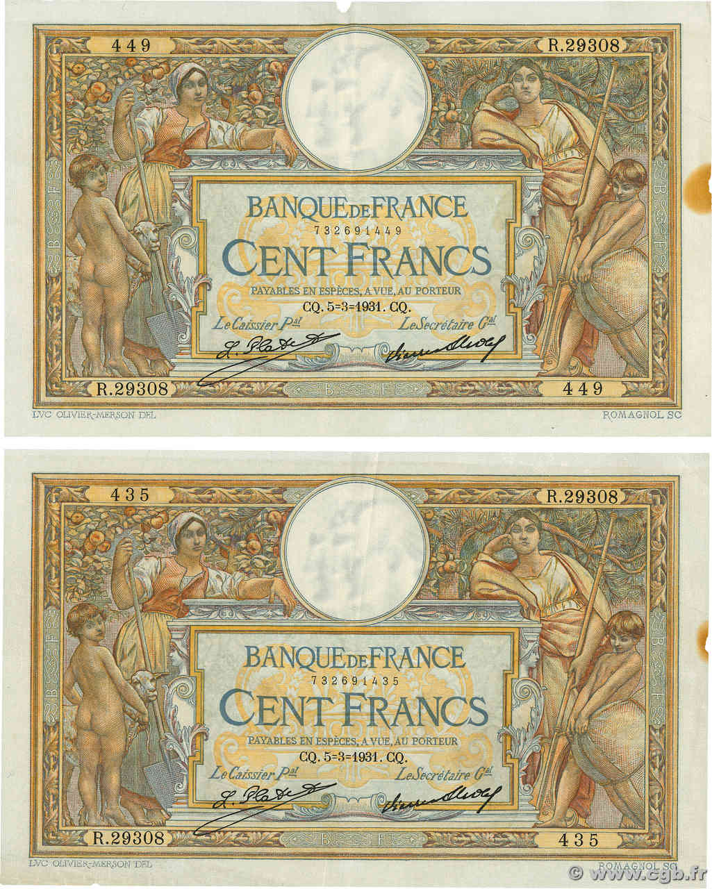 100 Francs LUC OLIVIER MERSON grands cartouches Lot FRANCE  1931 F.24.10 VF