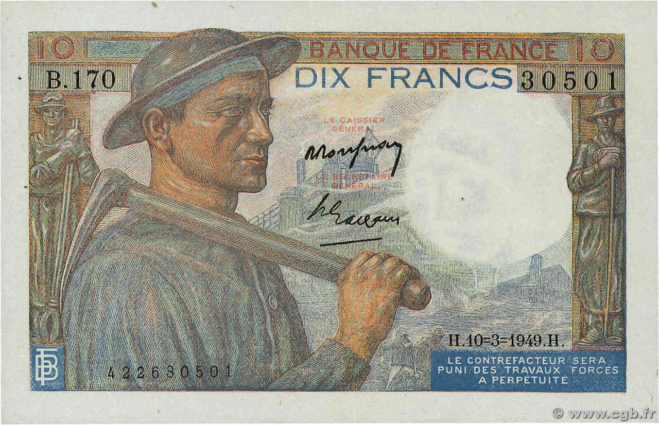 10 Francs MINEUR FRANCE  1949 F.08.20 XF