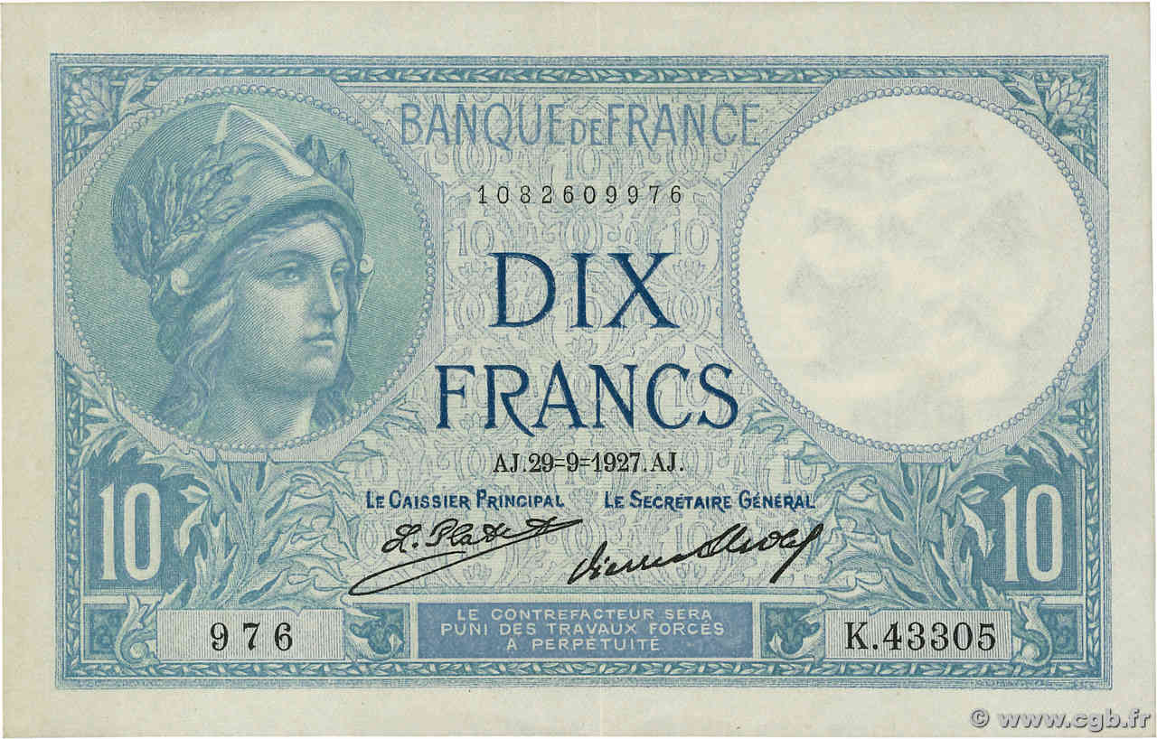 10 Francs MINERVE FRANKREICH  1927 F.06.12a fVZ