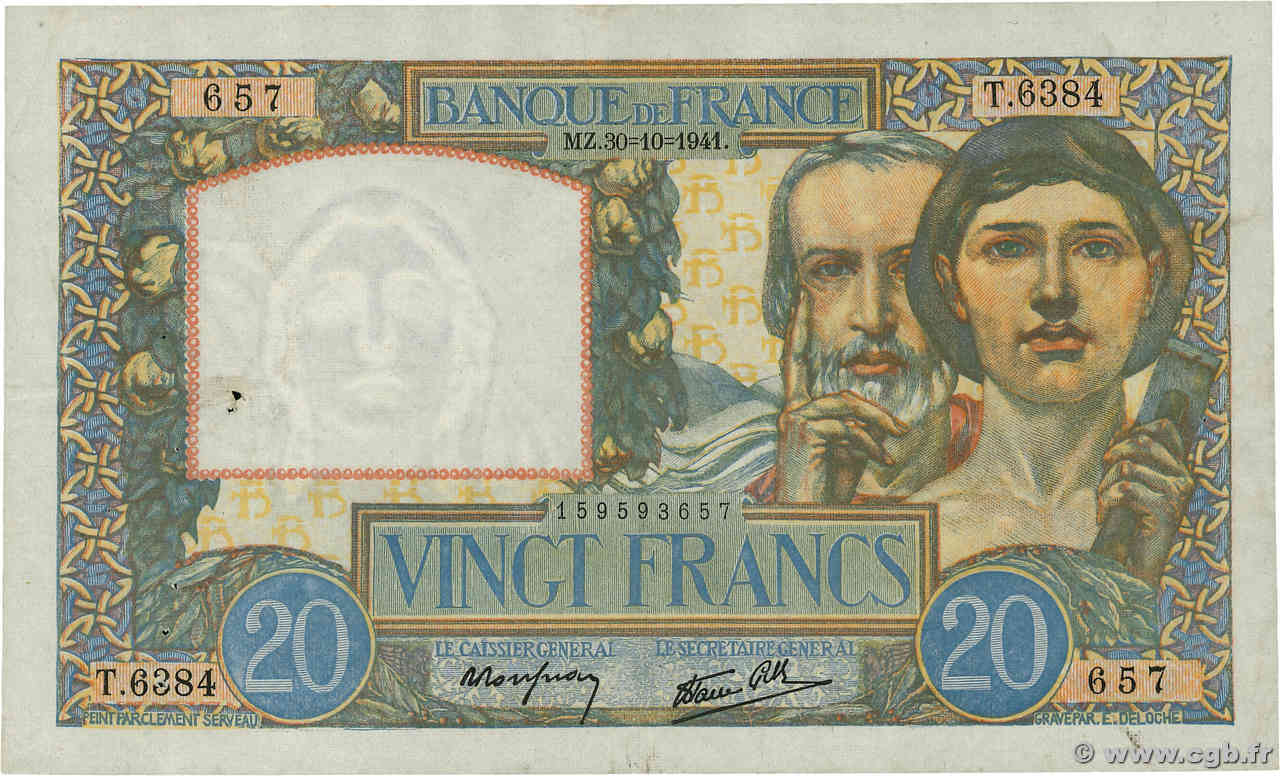 20 Francs TRAVAIL ET SCIENCE FRANCE  1941 F.12.19 VF-