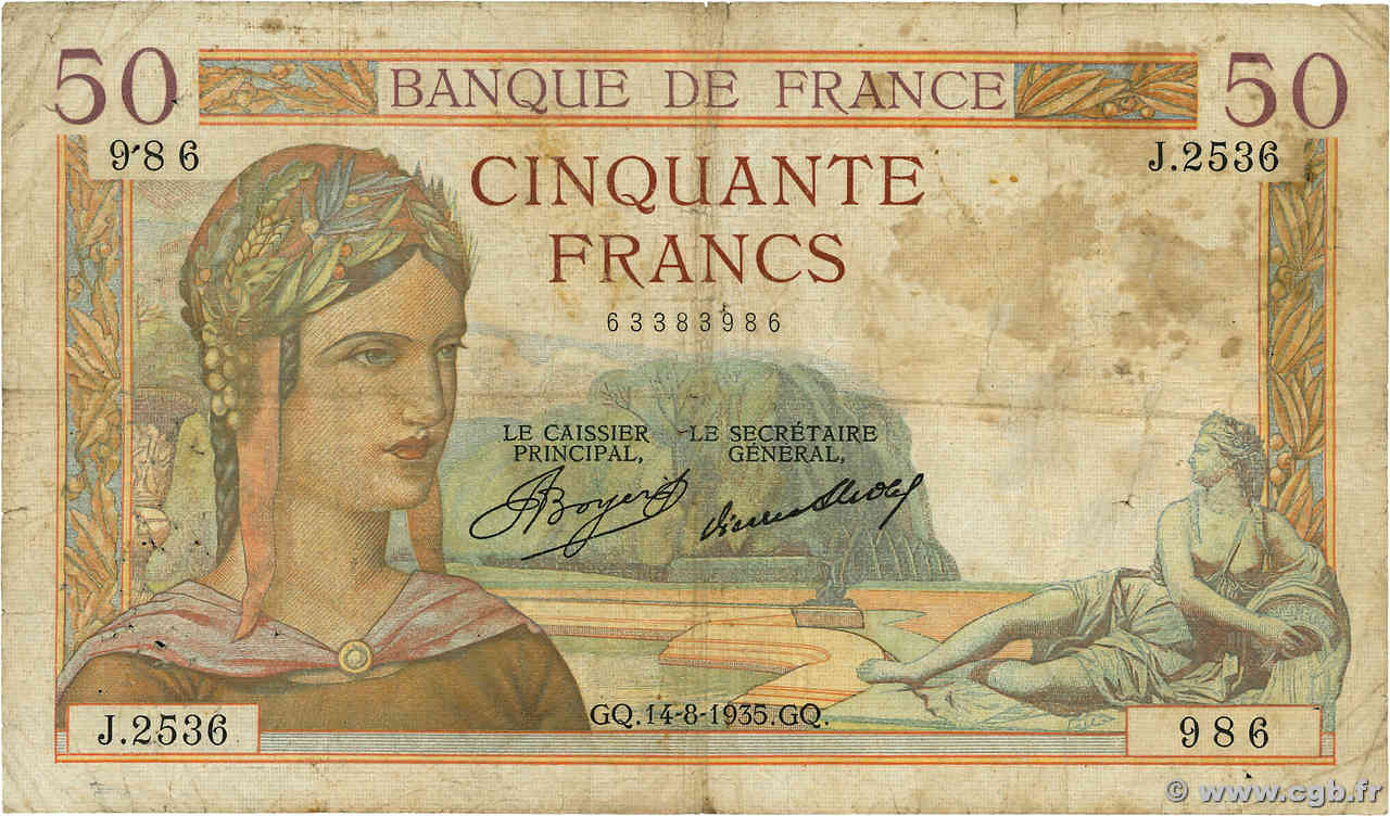 50 Francs CÉRÈS FRANKREICH  1935 F.17.14 SGE