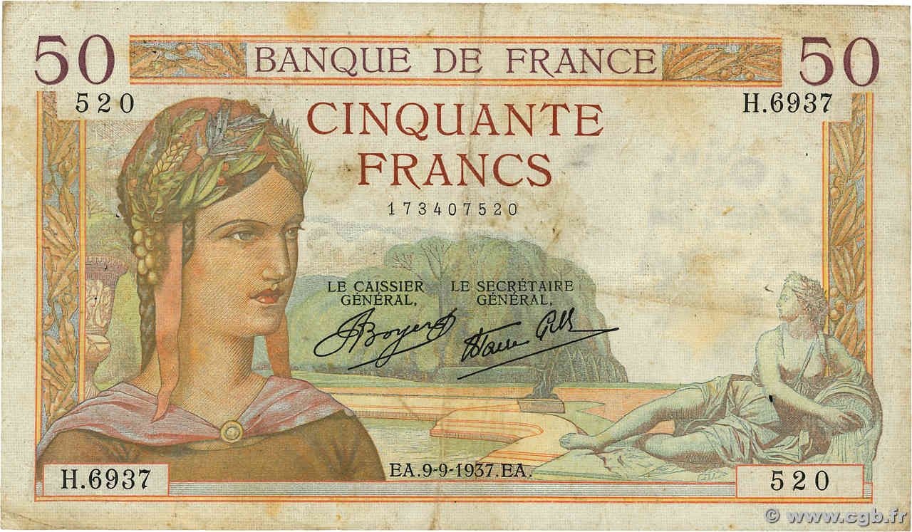 50 Francs CÉRÈS modifié FRANCE  1937 F.18.03 F