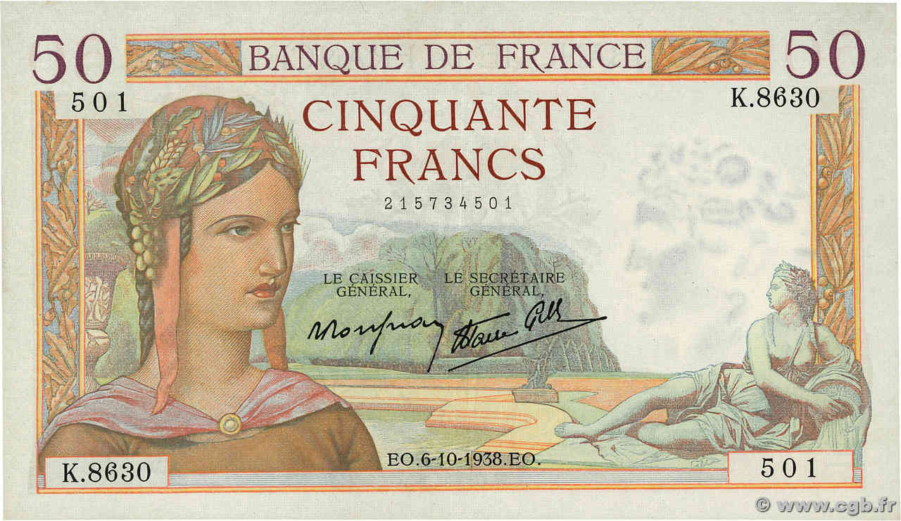 50 Francs CÉRÈS modifié FRANCE  1938 F.18.15 SUP