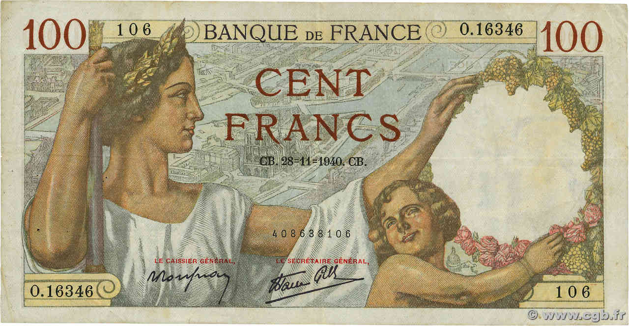 100 Francs SULLY FRANKREICH  1940 F.26.41 fSS