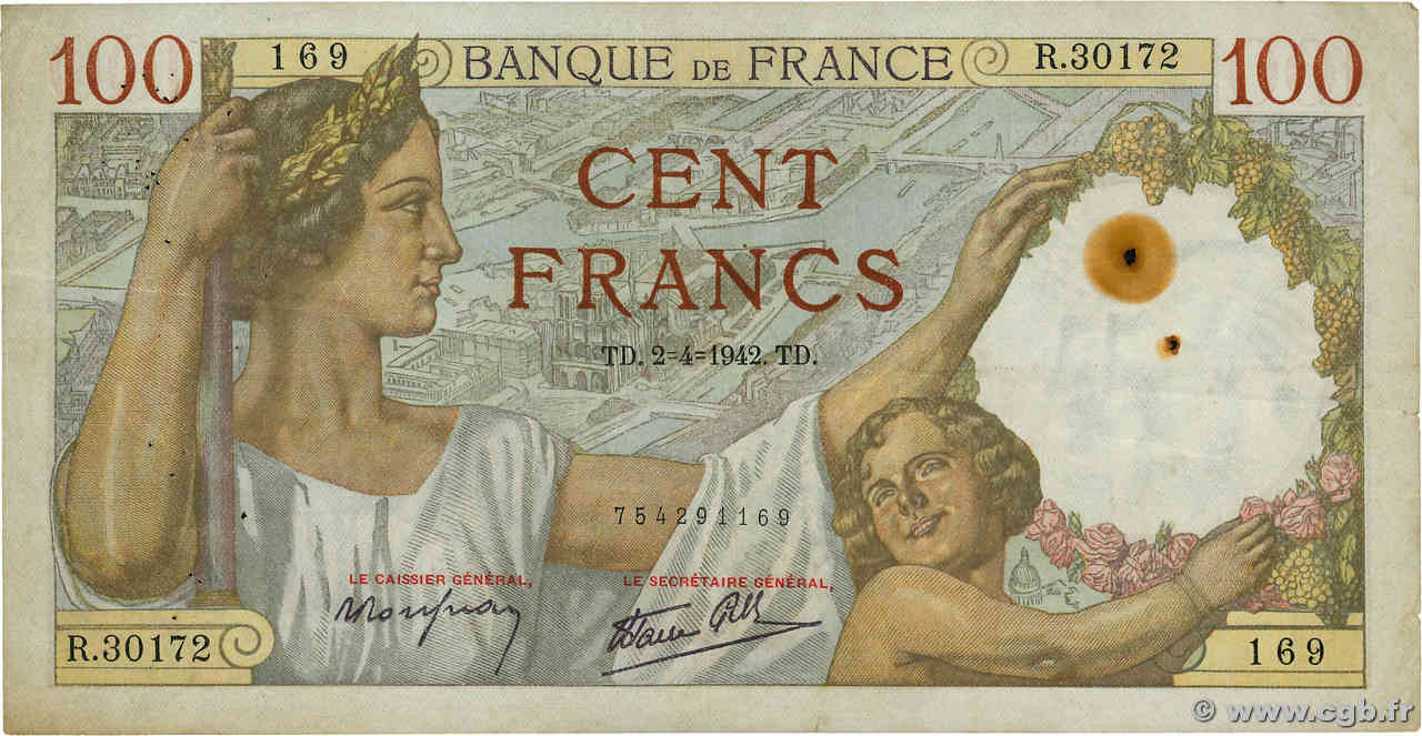 100 Francs SULLY FRANCE  1942 F.26.69 TB