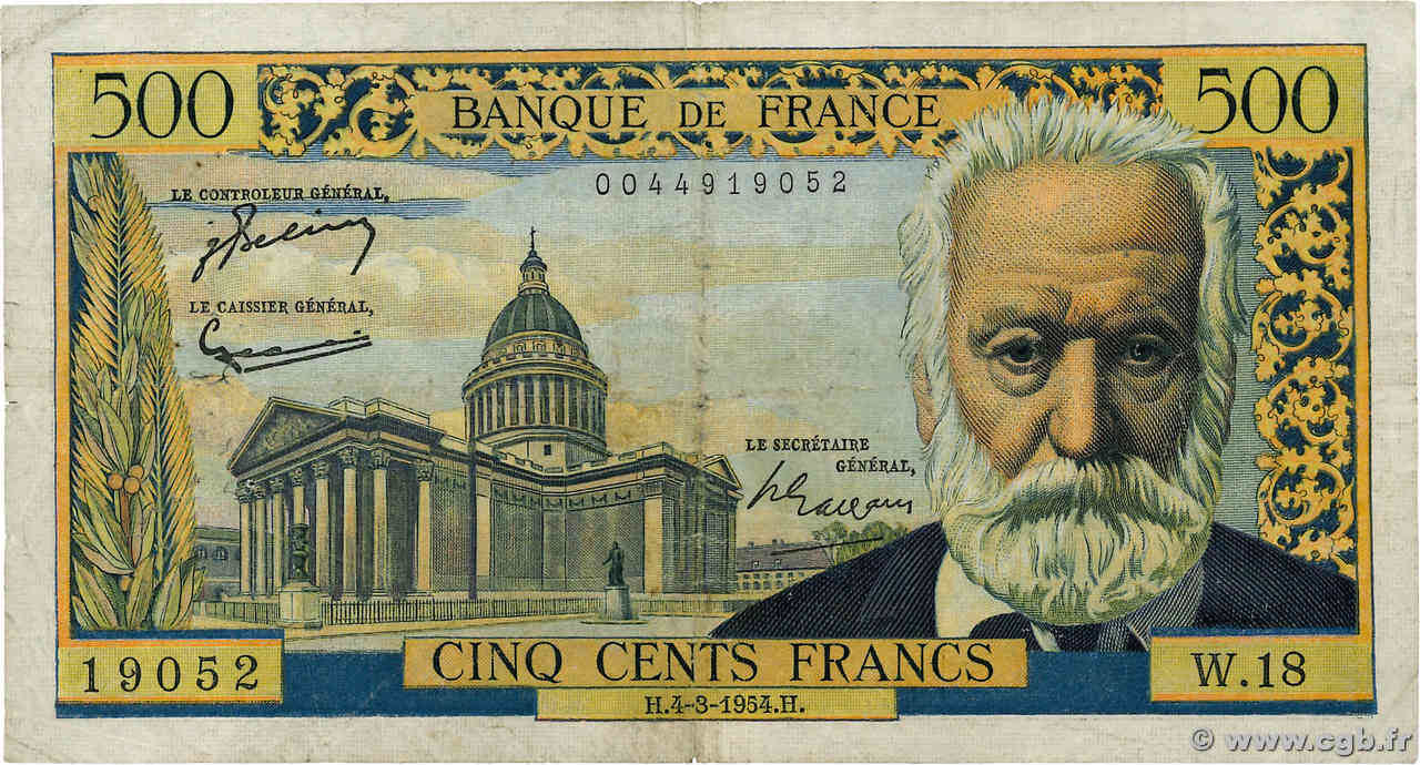 500 Francs VICTOR HUGO FRANKREICH  1954 F.35.02 SGE