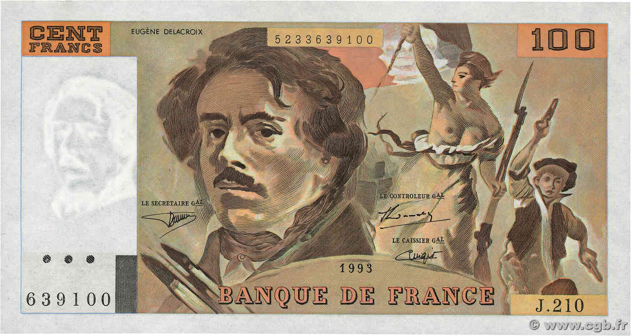 100 Francs DELACROIX imprimé en continu FRANKREICH  1993 F.69bis.05 fST+