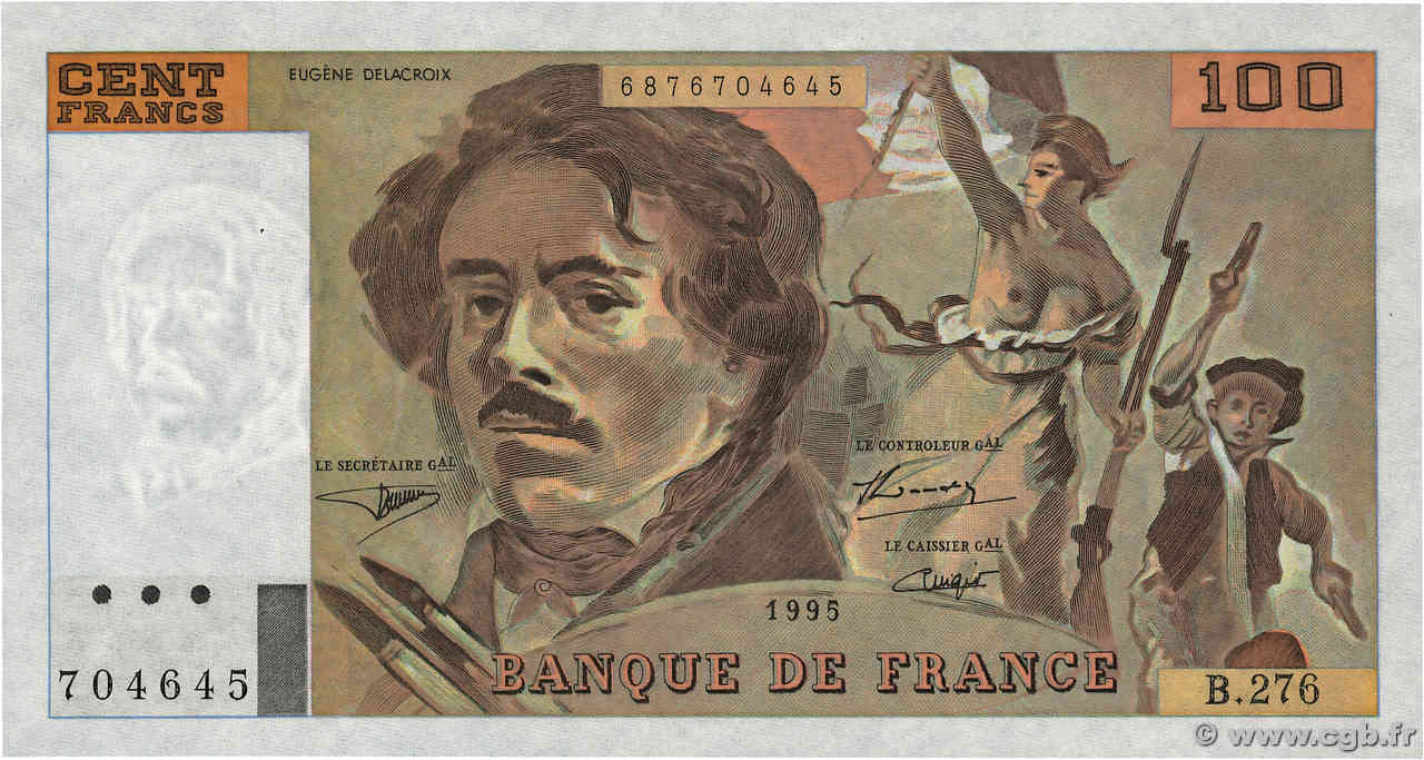 100 Francs DELACROIX 442-1 & 442-2 FRANCE  1995 F.69ter.02b AU+