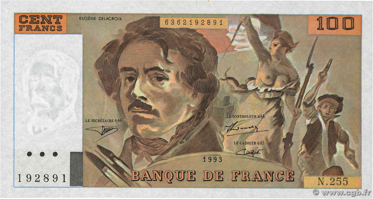 100 Francs DELACROIX imprimé en continu FRANKREICH  1993 F.69bis.08 fST+