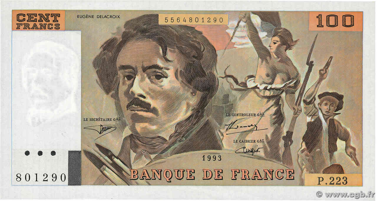 100 Francs DELACROIX imprimé en continu FRANCIA  1993 F.69bis.07 AU+