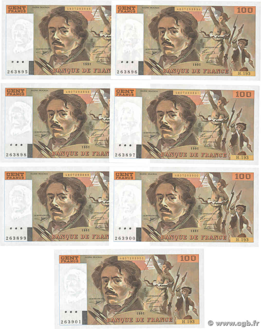 100 Francs DELACROIX imprimé en continu Consécutifs FRANCE  1991 F.69bis.04a UNC-